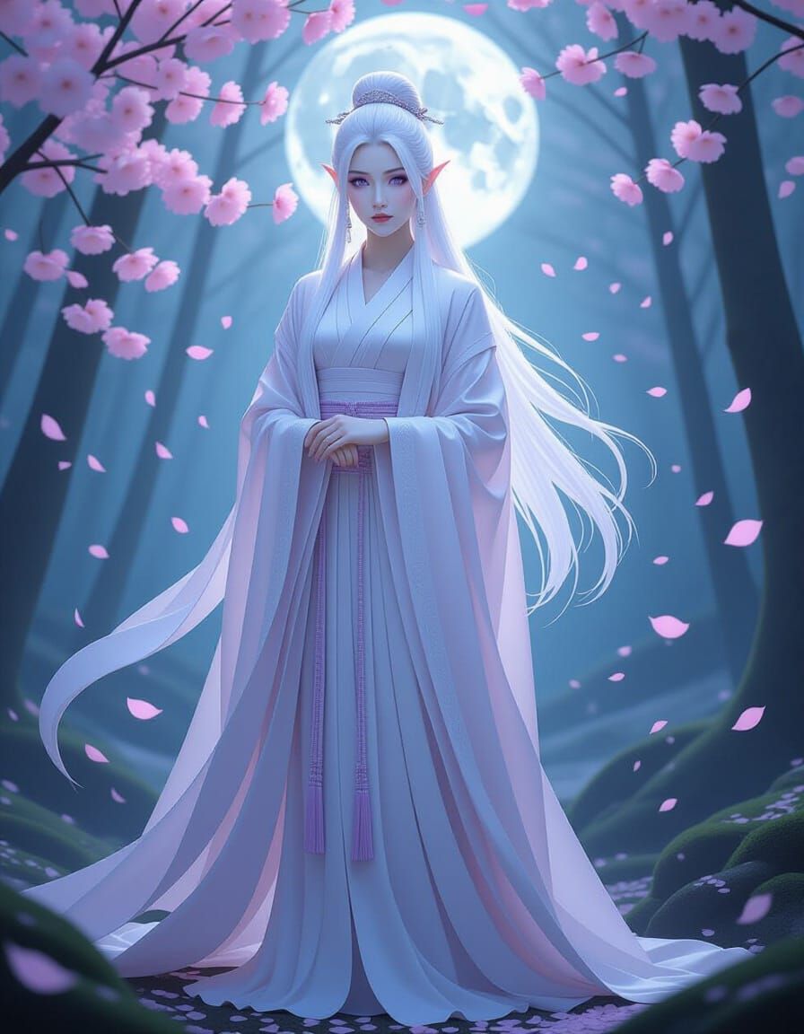 Ethereal Woman in Moonlit Forest, Pastel Fantasy Art