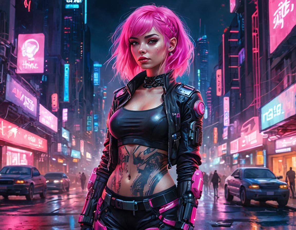 Cyborg Girl in Cyberpunk City, Watercolor Style