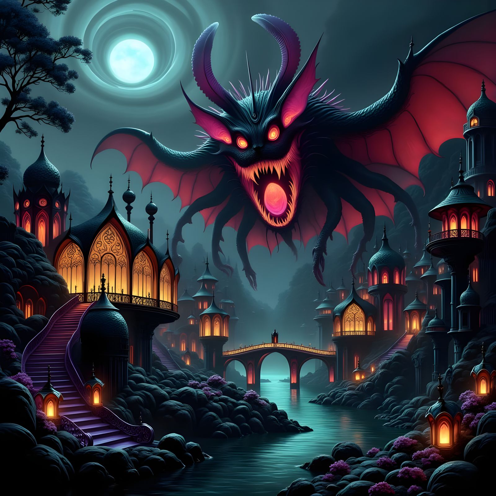 Enormous Monster Above Jewel Palace on Dark River