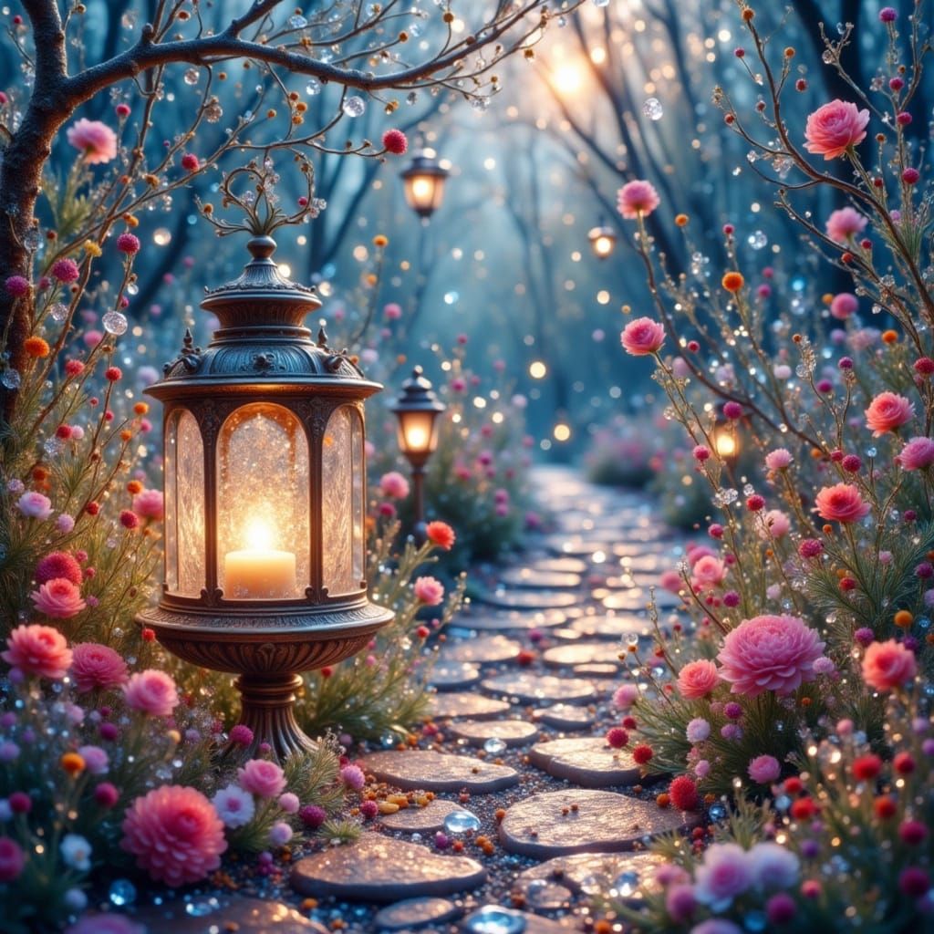 Warm Lantern Glow on Cobblestone Path with Wildflowers in Im...