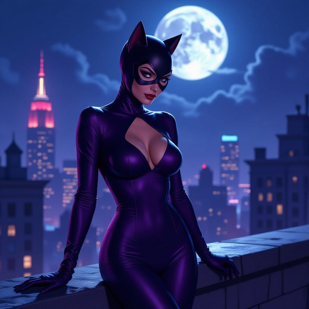 Catwoman on Gotham Rooftop in Moonlight