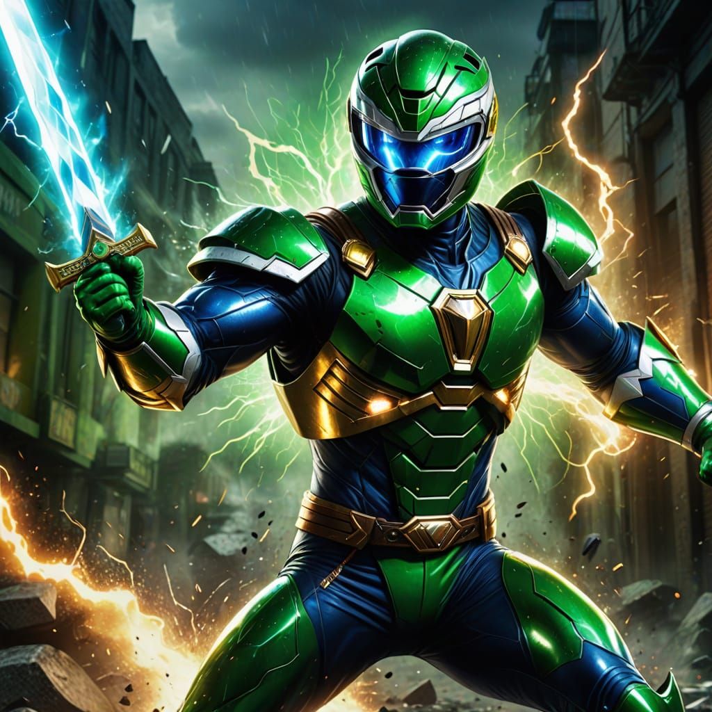 Vivid Digital Art of Green and White Power Ranger in Epic Ba...