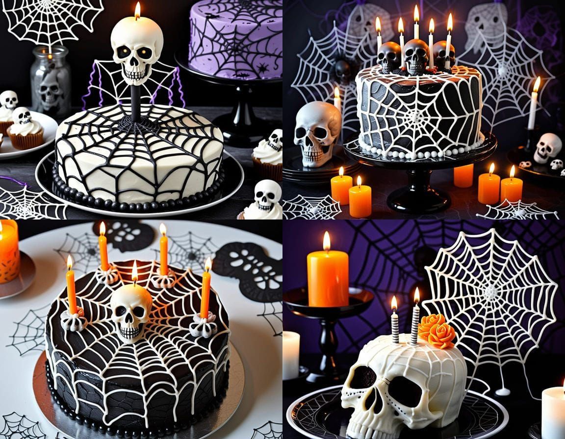Spooky Birthday Cake with Skull Candles and Cobwebs