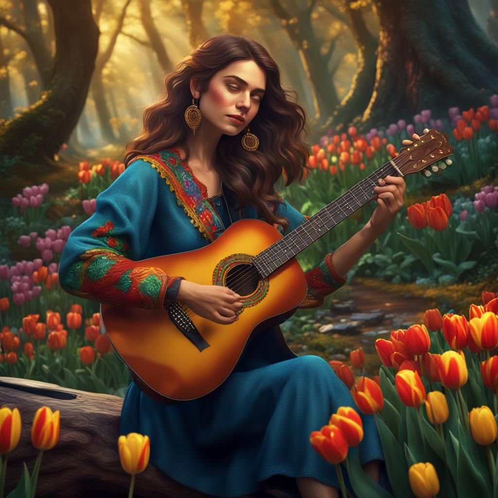 Woman Enjoys Forest With Guitar in Detailed Matte Painting