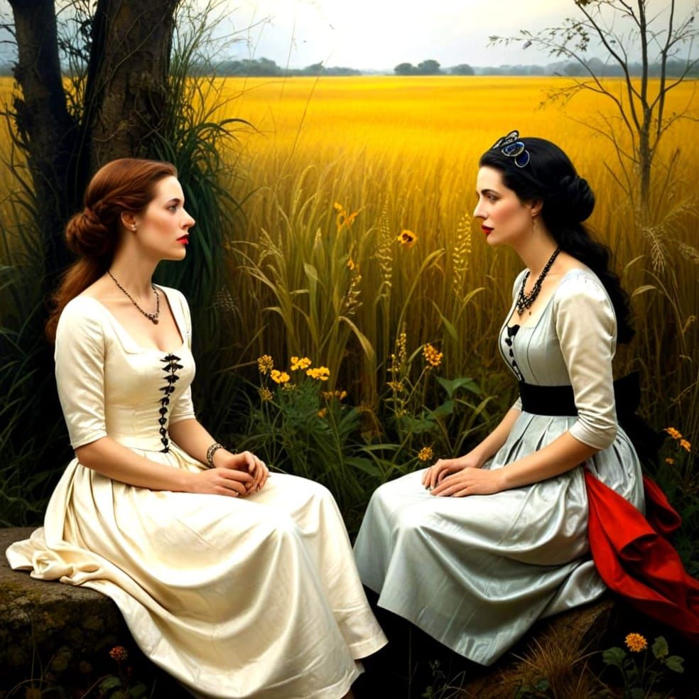 Elegant Ladies Engage in Intense Conversation Amidst Fantast...