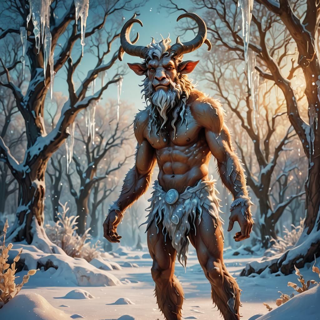 Surreal Satyr Stands in a Thawing Winter Wonderland in Vibra...