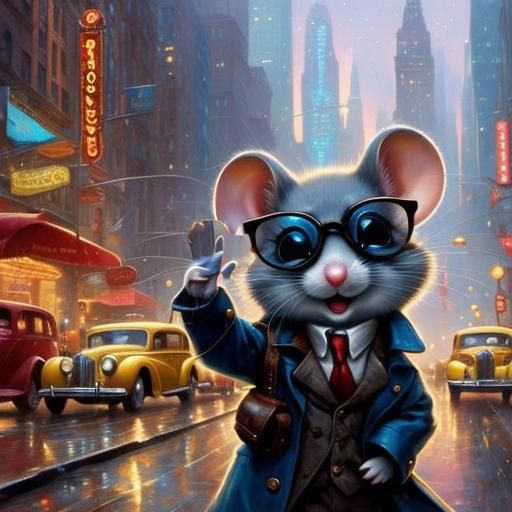 Mouse Producer in 1930s City, Whimsical Art