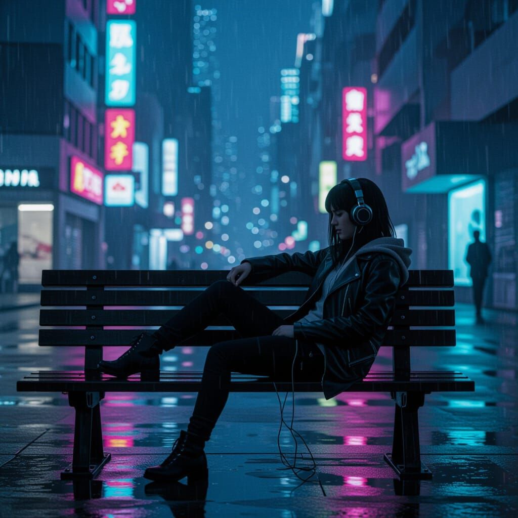 Girl Relaxing in Rainy Neon Cityscape