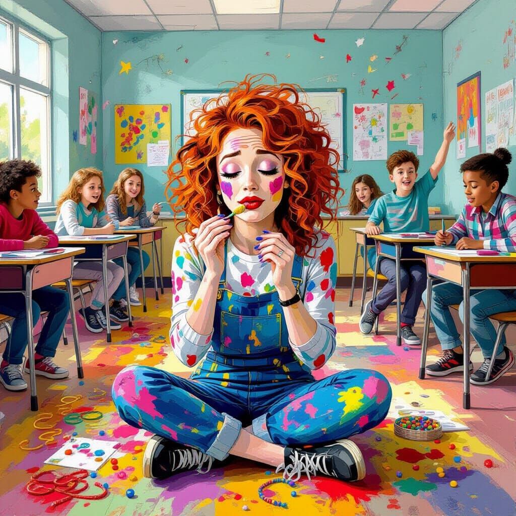 Frazzled Teacher in Chaotic Classroom, Miro Surrealist Style