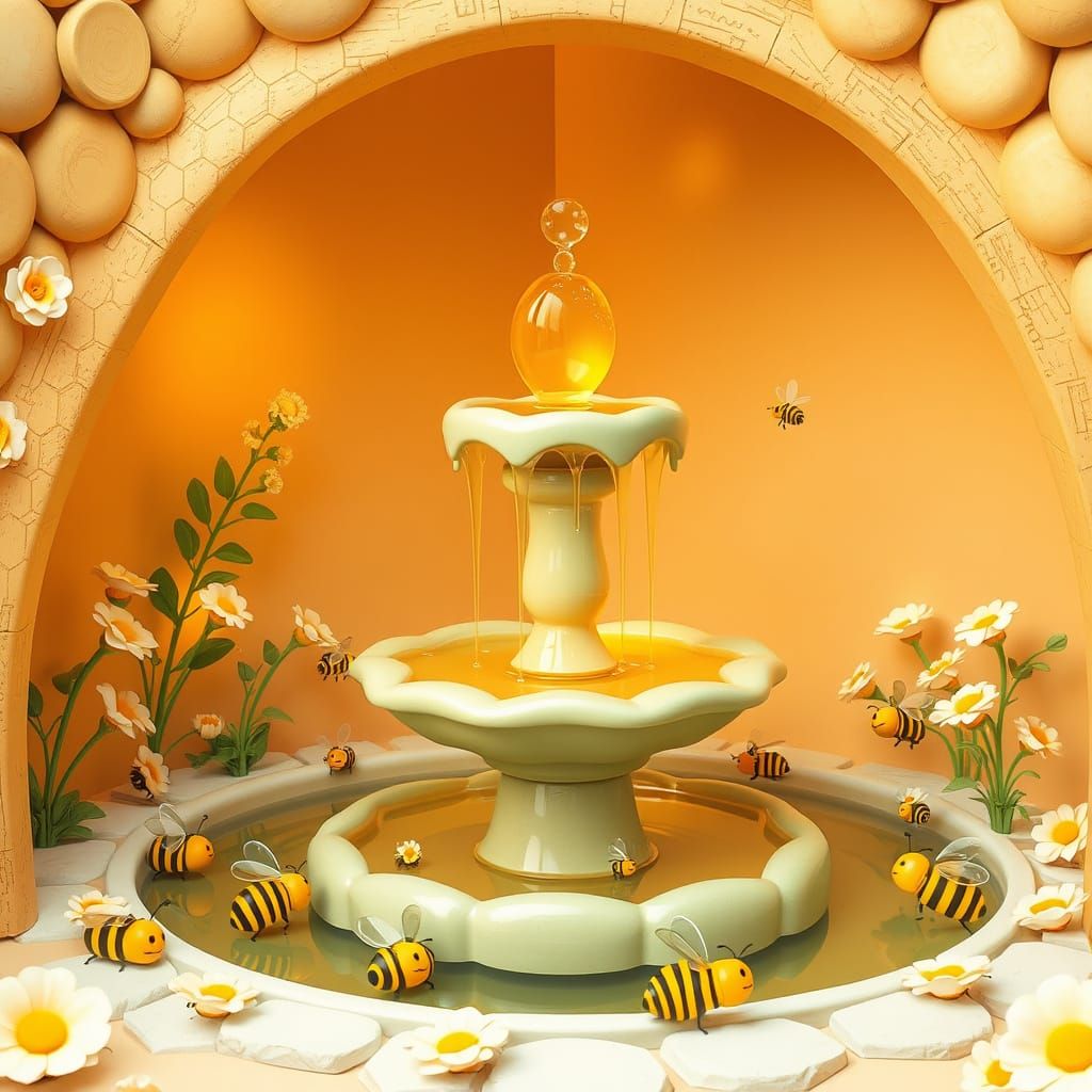 Kawaii Bees Atrium: Honey Fountain in Pastel Colors