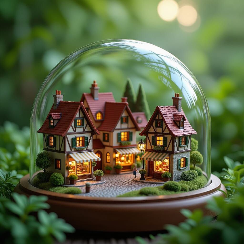 Miniature Village Under Glass Dome, Whimsical Art