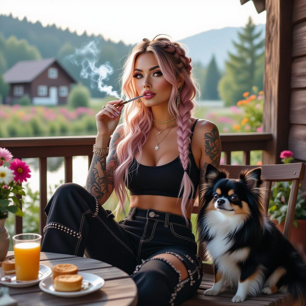 Dreamy Woman with Chihuahua in Lush Landscape