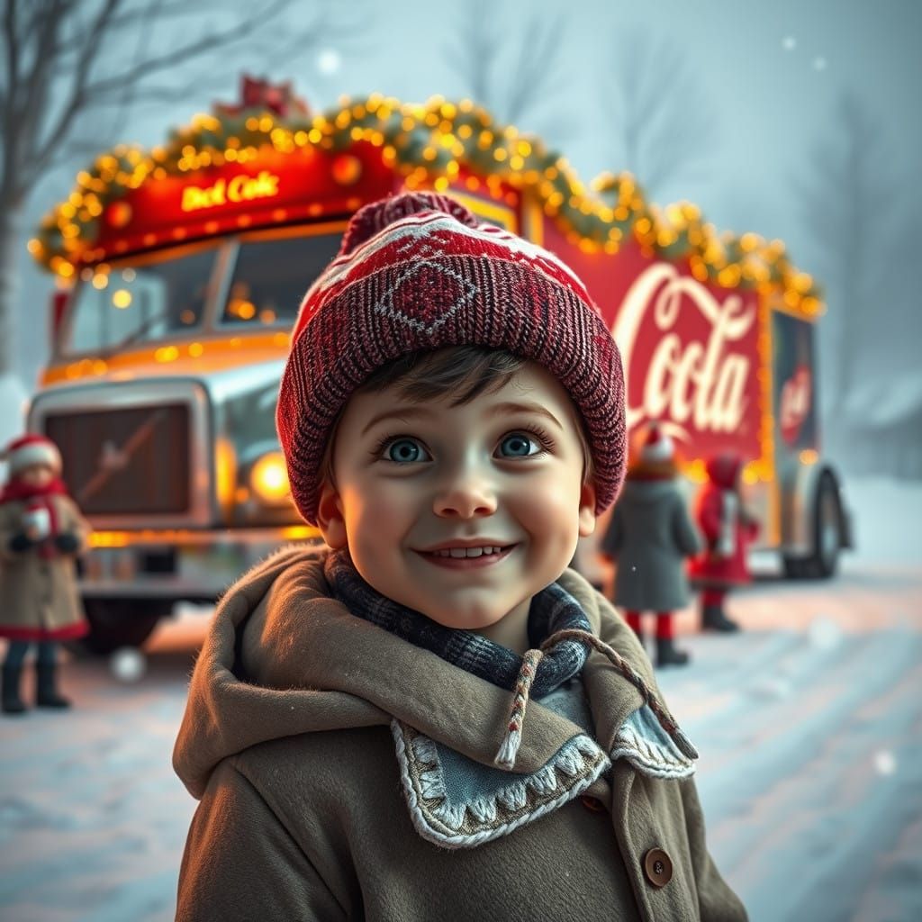 A Majestic Coke Truck Surrounded by Joyful Children in Winte...