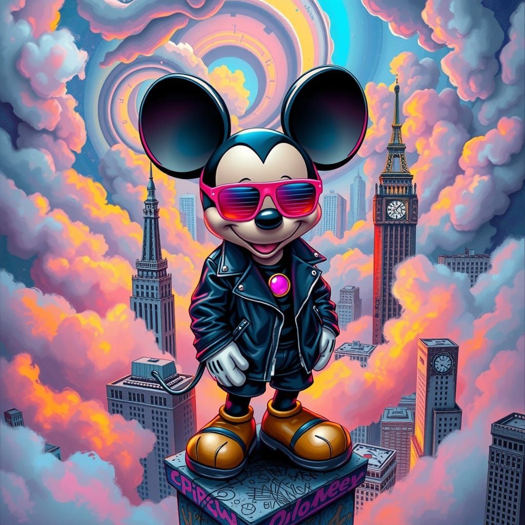 Cyberpunk Mickey Mouse in Dreamlike Cityscape