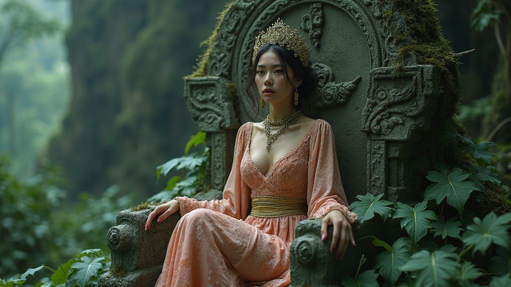Woman on Stone Throne in Ethereal Lighting