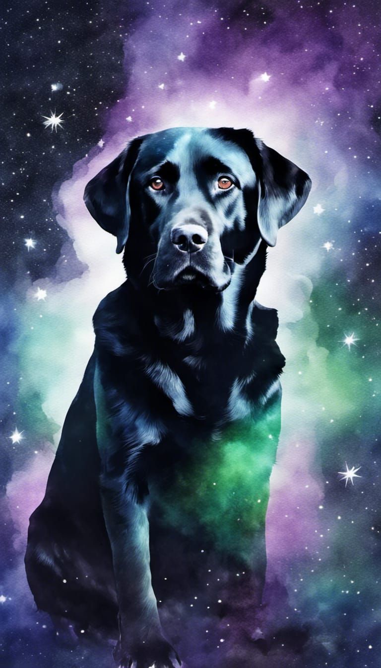 Watercolor Labrador Retriever in Double Exposure Space Scene