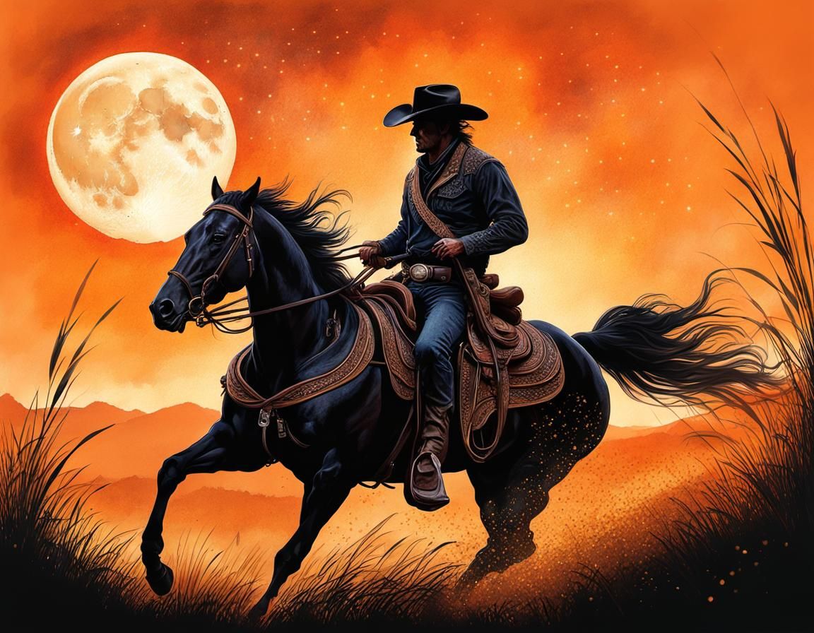 Cowboy Silhouette at Sunrise: Digital Art Masterpiece