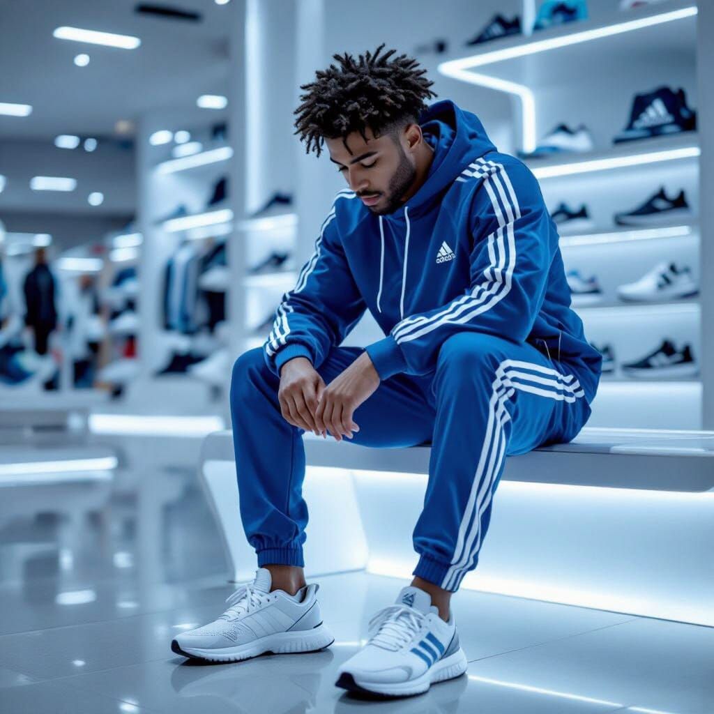 Man Tries On Shoes in Modern Adidas Store