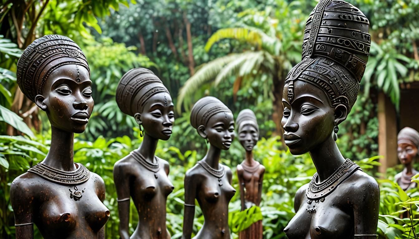 African Sculptures in Lush Rainforest Garden