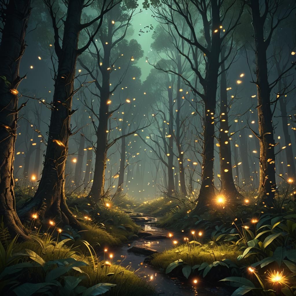 Enchanted Forest at Night with Fireflies
