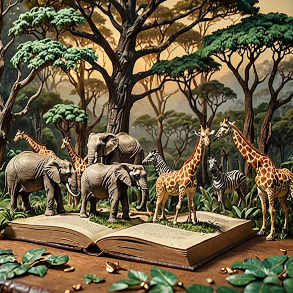 Elephants and Zebras on a Book, Digital Matte Painting