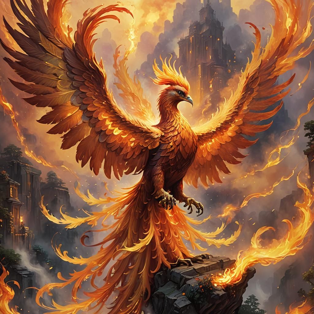 Fiery Phoenix with Wings Spread Wide: Digital Painting