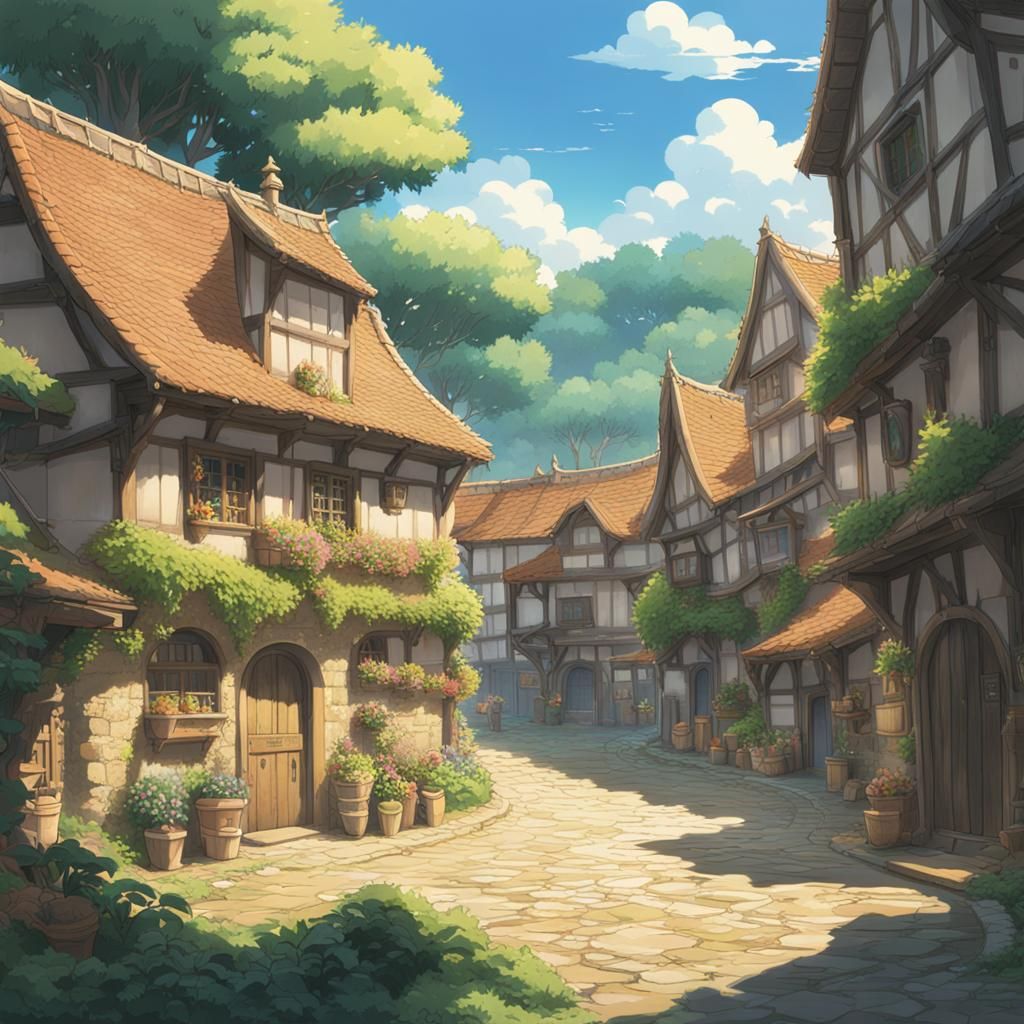 Medieval Village Plaza in Anime Style