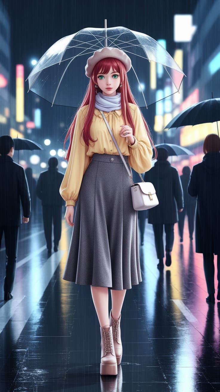 Japanese Woman in Shibuya Rainy Night, Anime Style