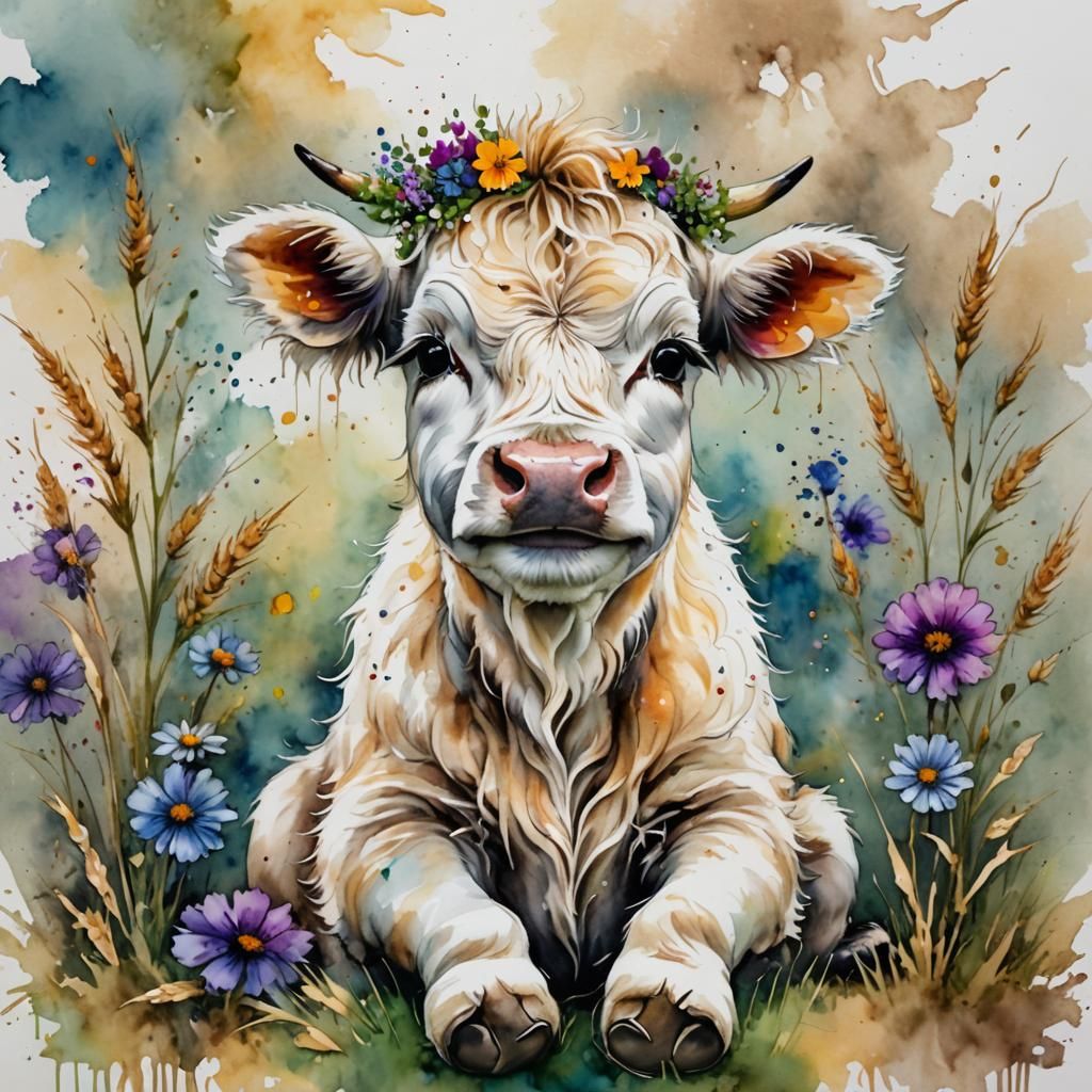 Smiling Highland Calf with Watercolor Floral Background