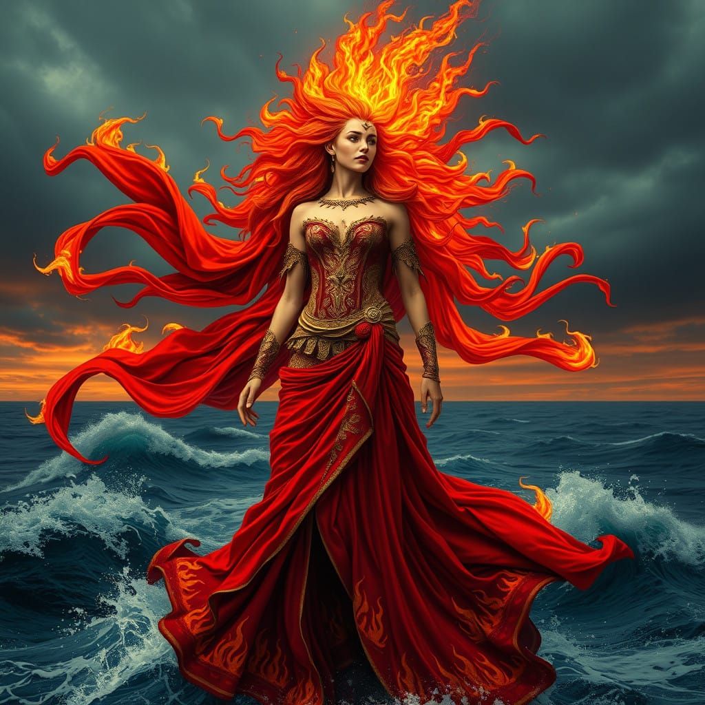 Fiery Goddess Emerges from Crimson Waves, Haughty and Unyiel...