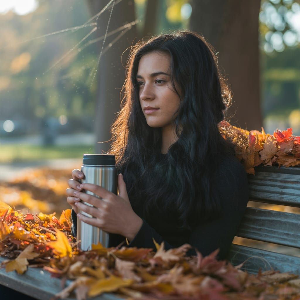Woman and Dartvader Meditate on Autumn Park Bench