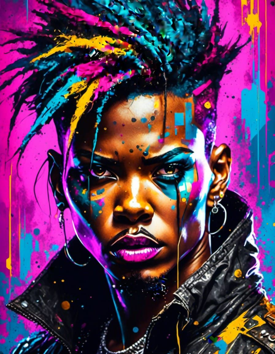 Angry Cyberpunk Cyborg Portrait with Graffiti Background