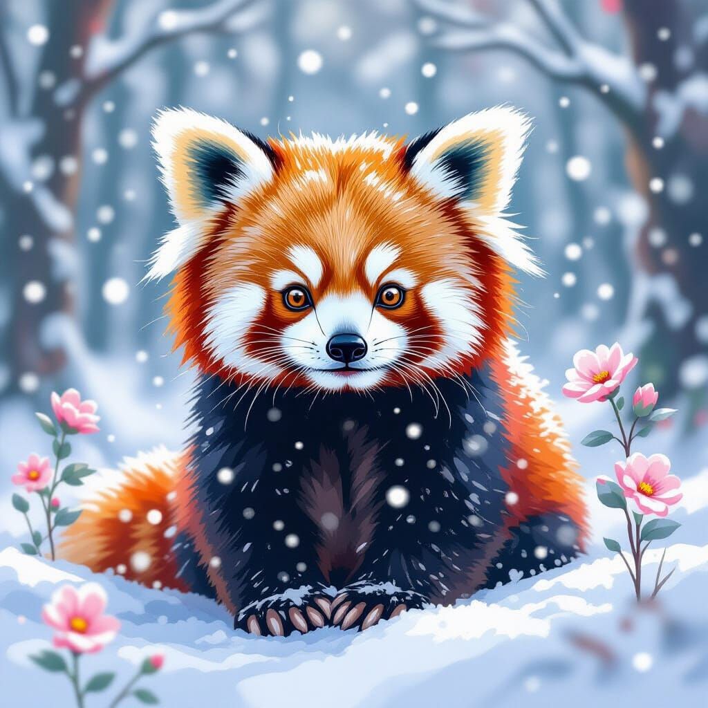 Cute Red Panda in Snowy Forest Watercolor Painting