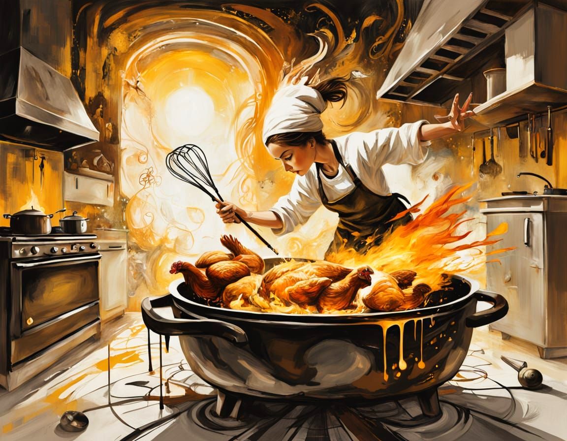 Surrealist Kitchen Scene: Self-Cooking Chicken and Despairin...