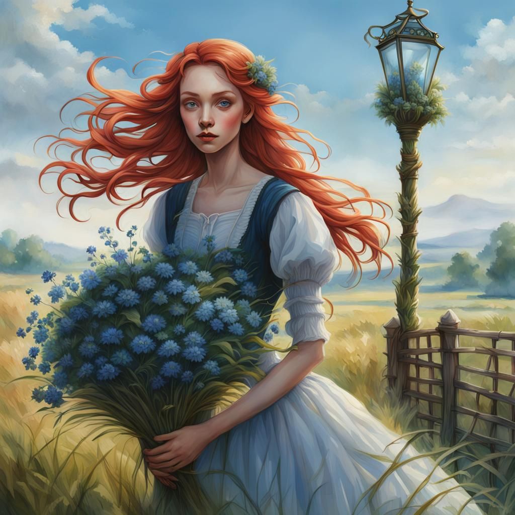 Red-Haired Girl in Gothic Landscape with Flowers