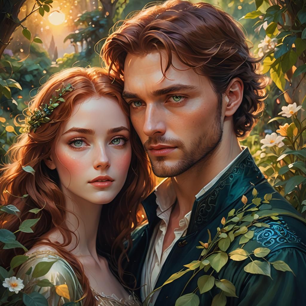 Fantasy Garden Sunset: Longing Gaze in Golden Light