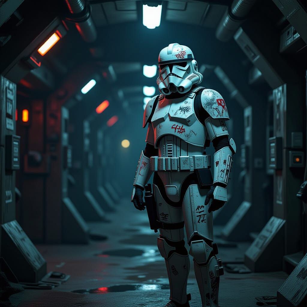 Clone Trooper Guarding Derelict Starship in Grim Style