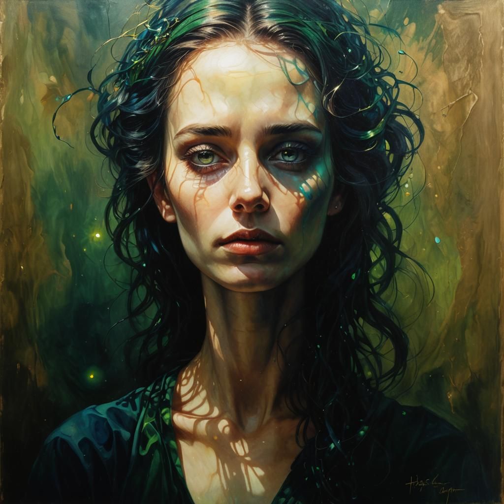 Eerie Portrait in Jewel Tones: Chiaroscuro Oil Painting