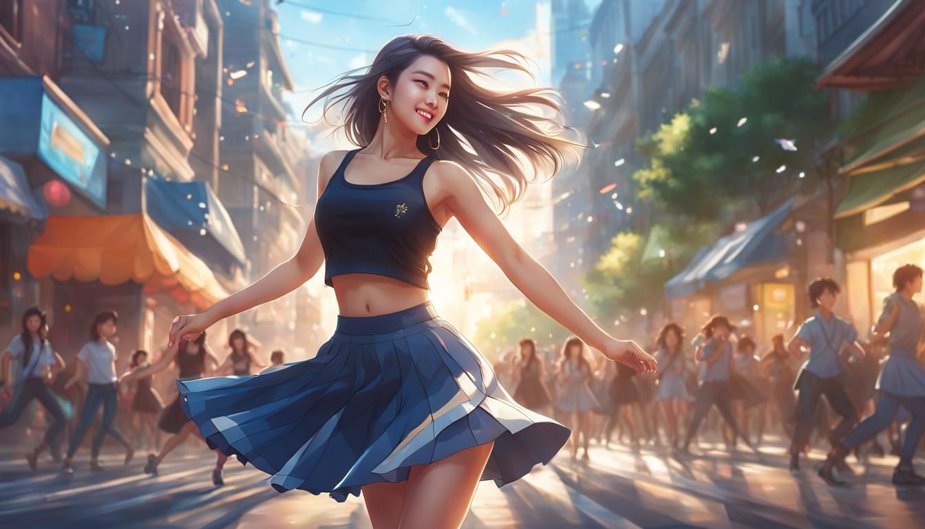 Joyful Girl Dancing in Cityscape: Digital Art