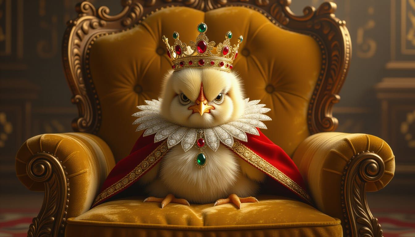 Irritated Chick King in Ornate Palace Chamber