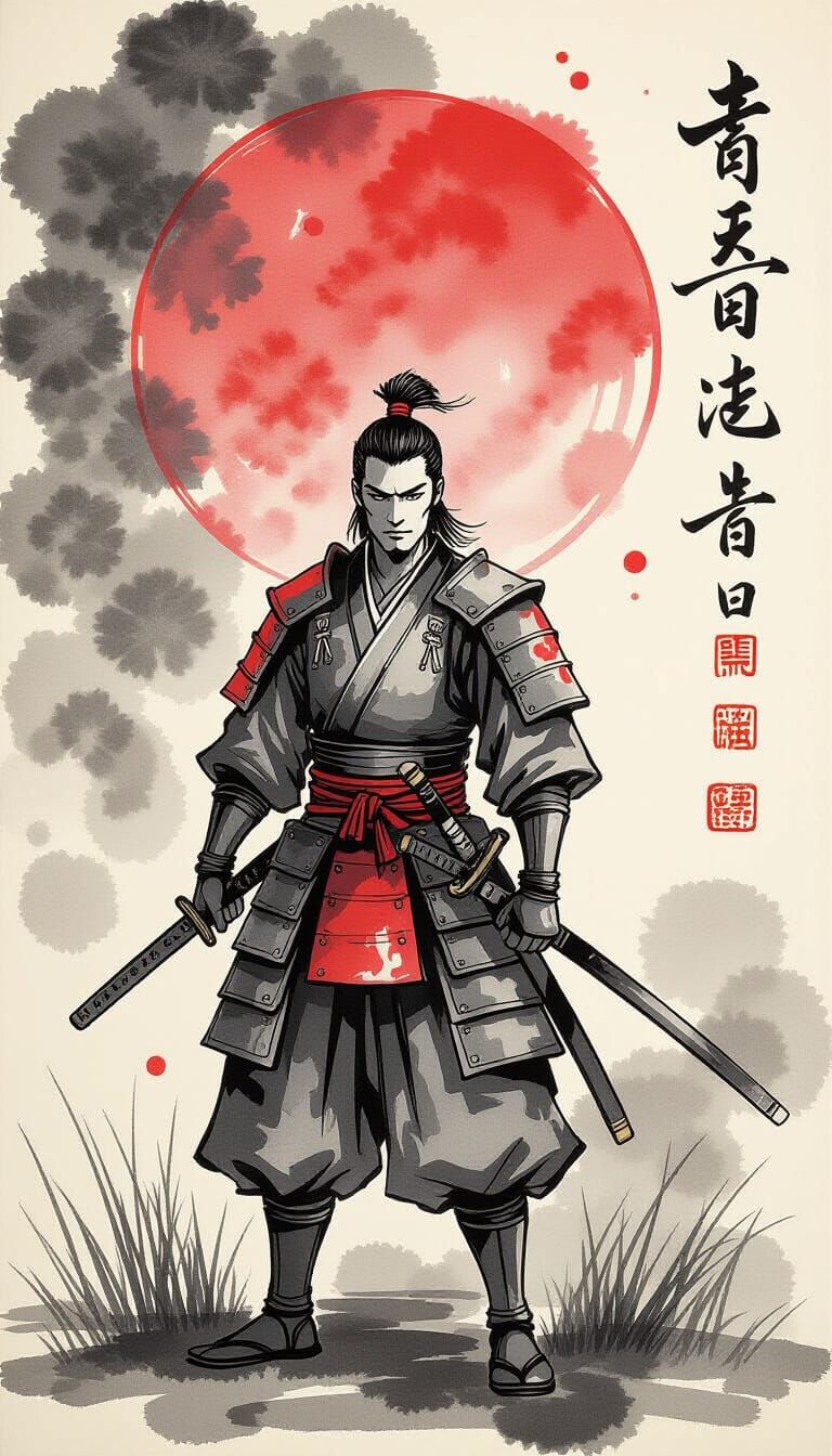Samurai in Sumi-e Style Ink Wash Painting