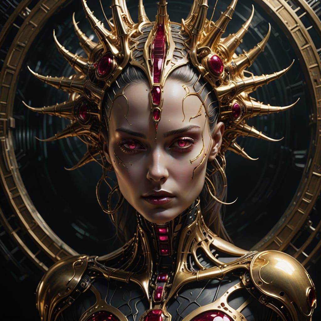 Surreal, Biomechanical Portrait of a Ruby-Gold-Cynara in a D...