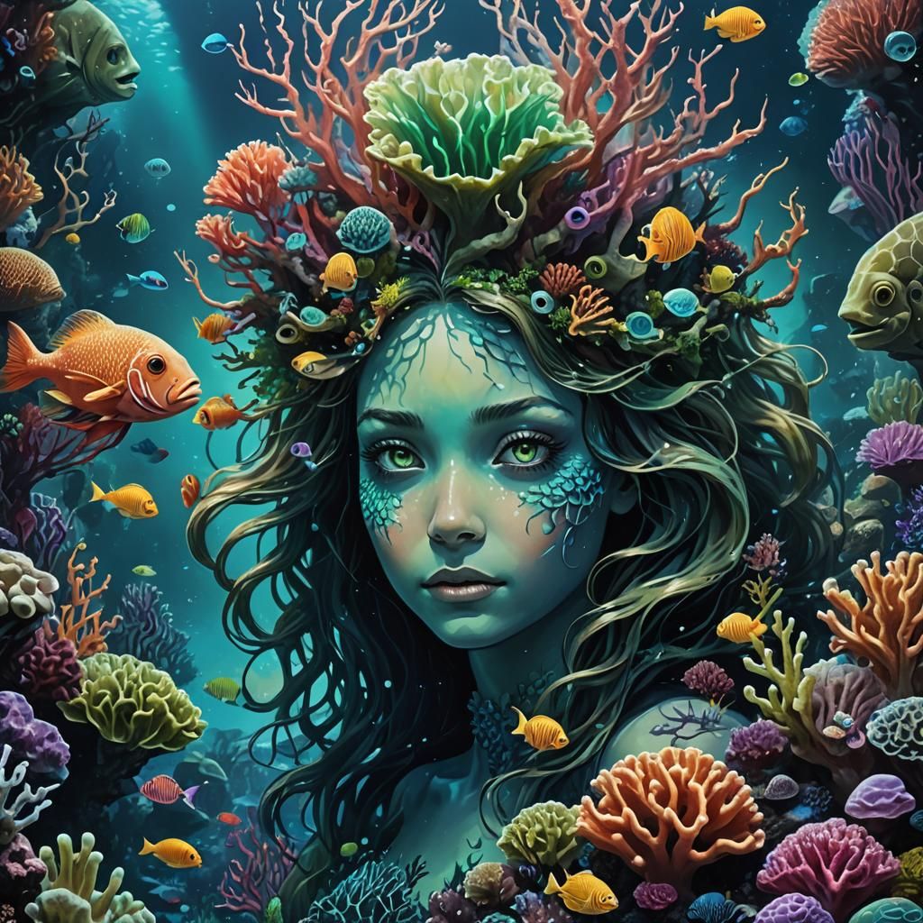 Eerie Dystopian Surrealism: Underwater Mermaid