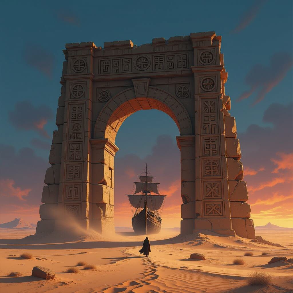 Colossal Stone Arch in Surreal Desert Twilight