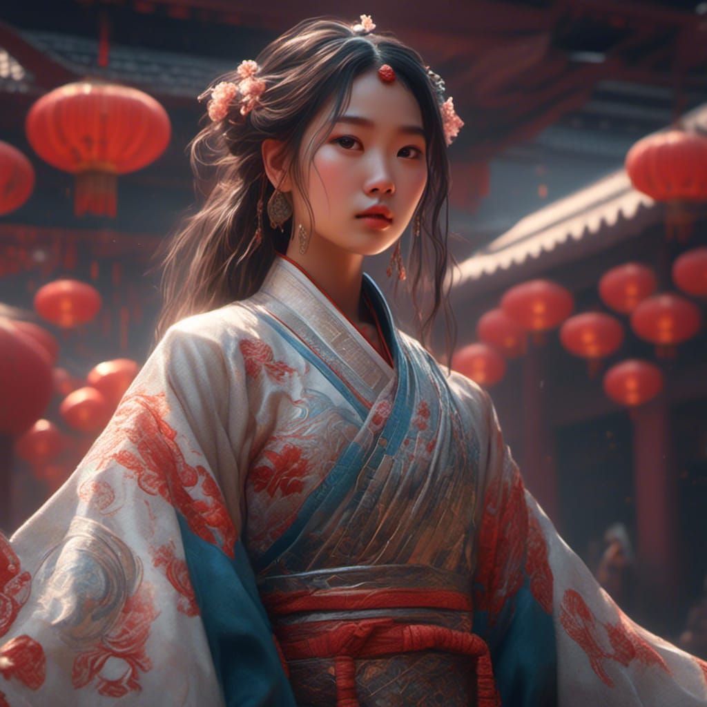 Girl in Mogao Dress: Sketch-Style Portrait