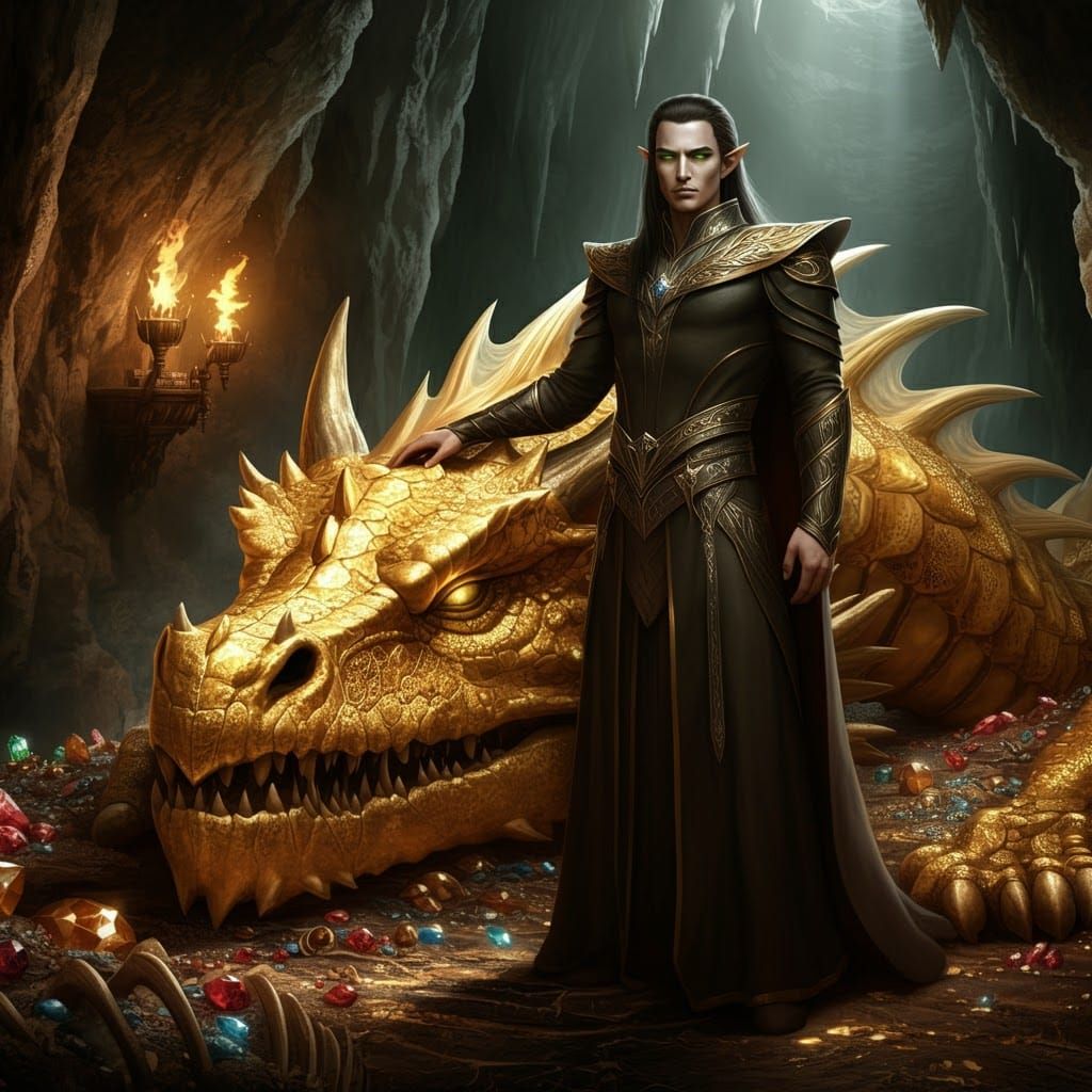 Elf-Lord and Dragon in a Magic Cavern