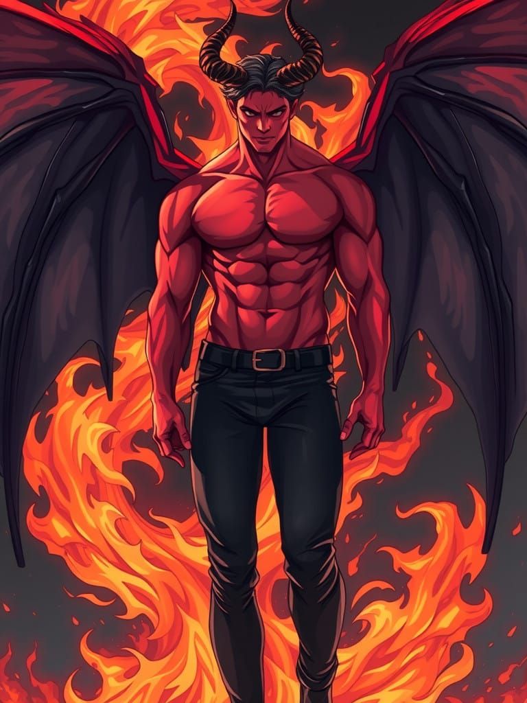 Chiseled Demon in Anime-Inspired Flames