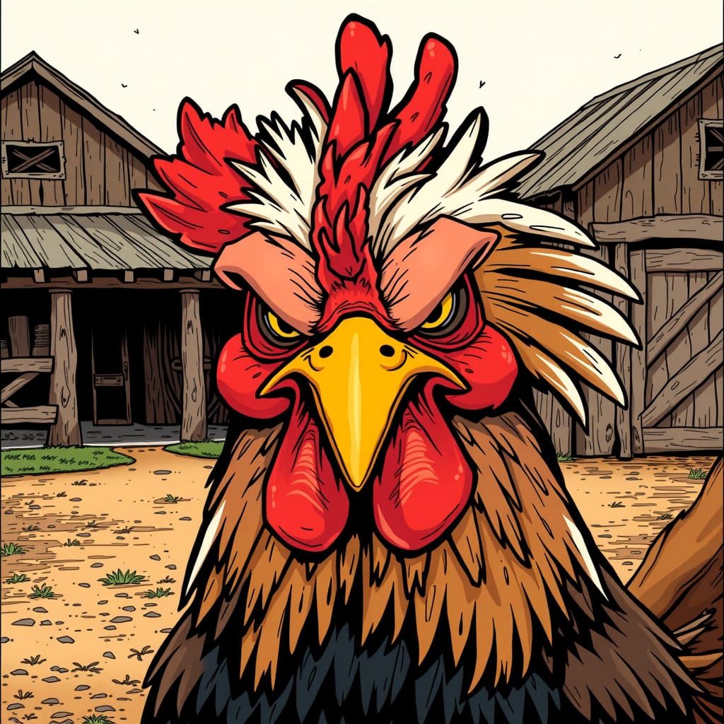 Angry Chicken with Ruffled Feathers in Comic Book Style