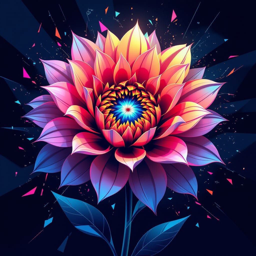 Neon Abstract Flower in Glitch-Art Style