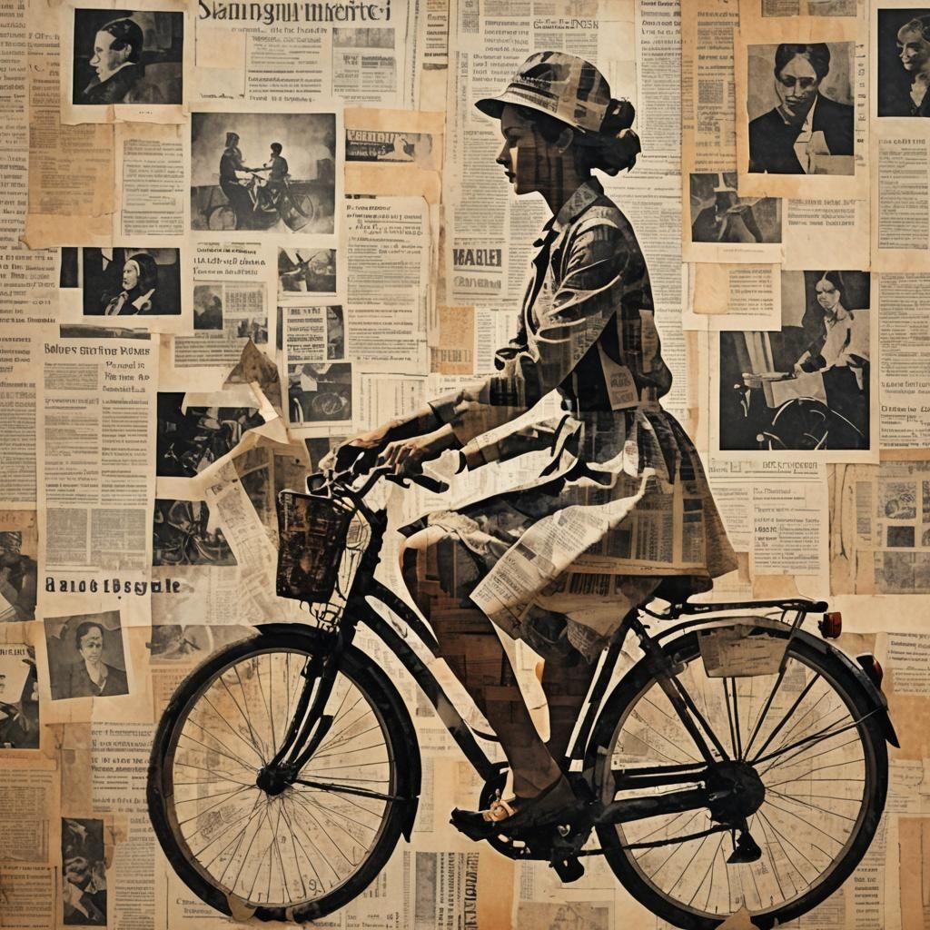 Silhouette Art: Girl on Bike in Newspaper Collage
